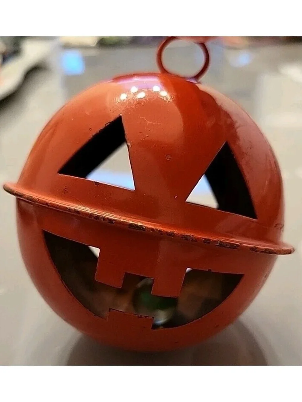 Vintage Large Halloween Jack o Lantern Pumpkin Jingle Bell w Glass Marble 3.75